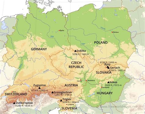 central europe map with cities|Physical map of Central Europe with cities, large .